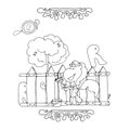 Find Letter R. Funny cartoon unicorn. Animals alphabet a Coloring page. Printable worksheet. Unicorns in an apron paints a fence.